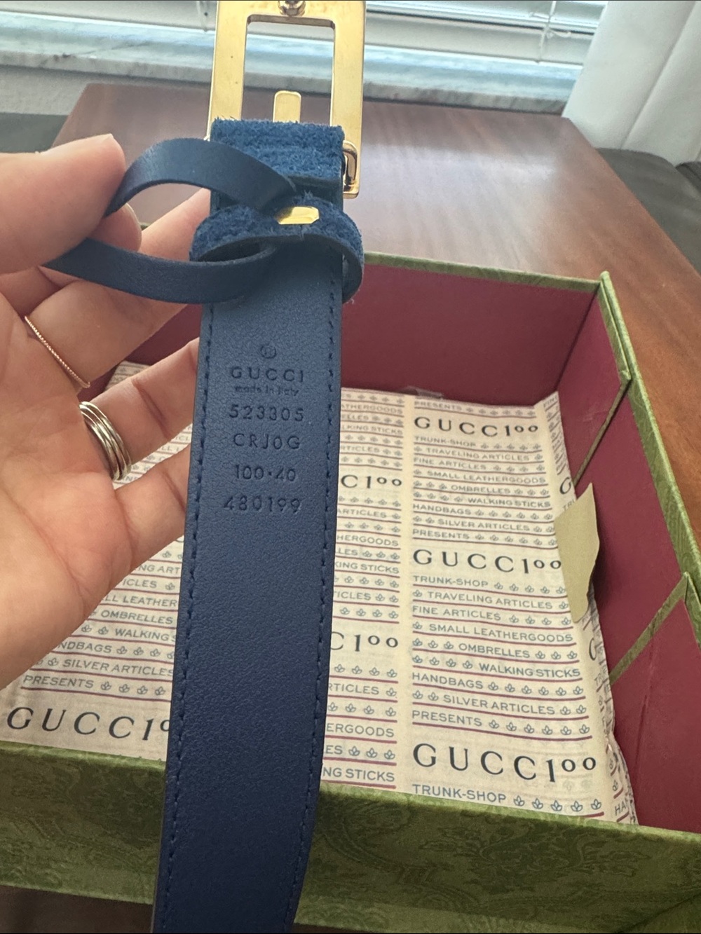 Gucci Navy Suede Belt with Gold Buckle - Picture 2 of 2